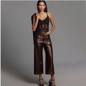 Anthropologie Maeve Colette‎ Cropped Wide Leg Pants Faux Vegan Leather Brown 32